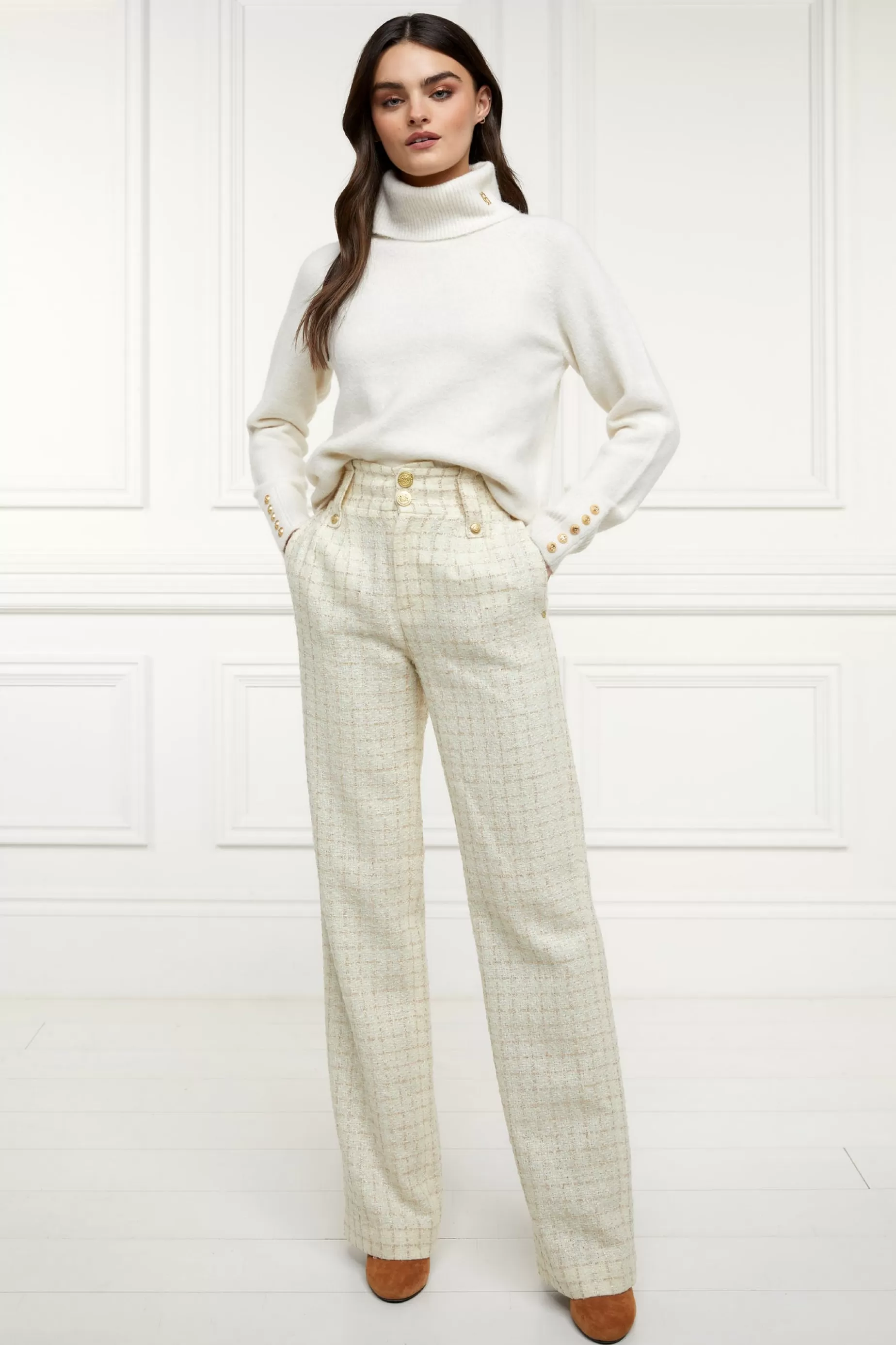 Holland Cooper Trousers | Seasonal Inspiration>High Waisted Straight Trouser Ivory Sparkle Tweed