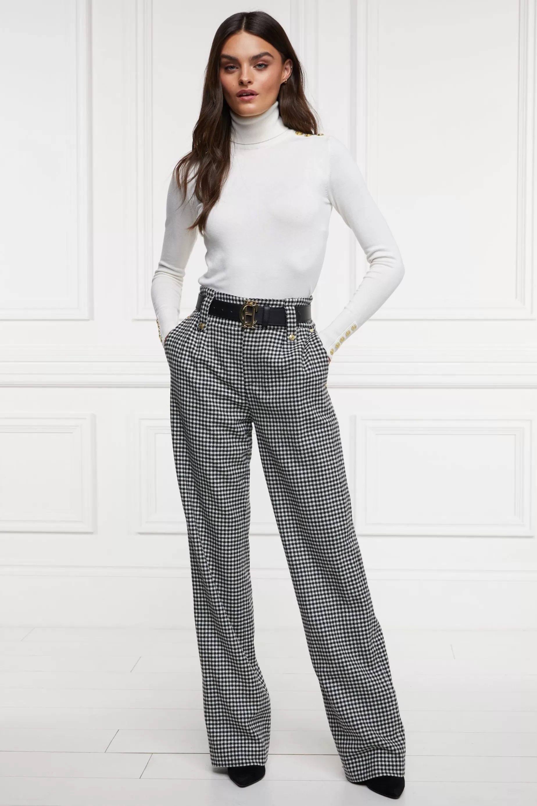 Holland Cooper Trousers | In Stock Tailoring>High Waisted Straight Trouser Black & White Puppy Tooth