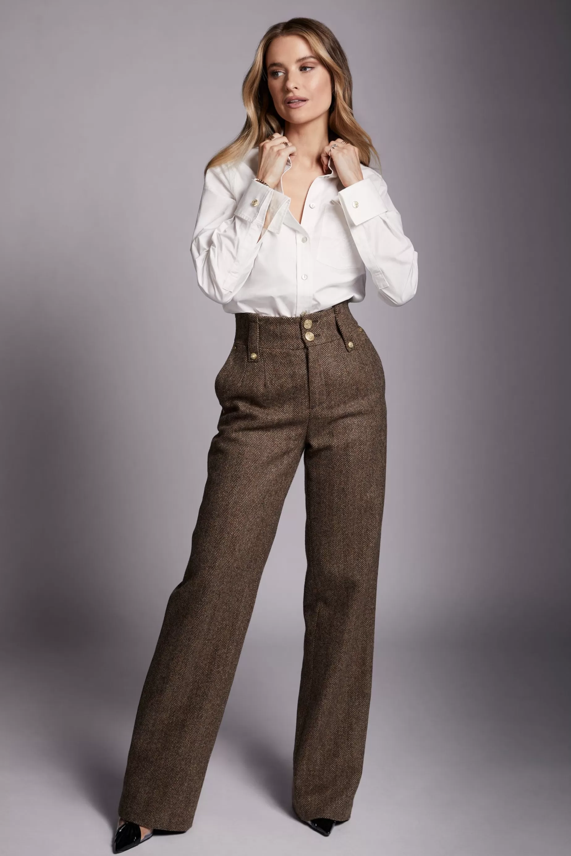 Holland Cooper Trousers>High Waisted Straight Trouser Large Scale Brown Herringbone