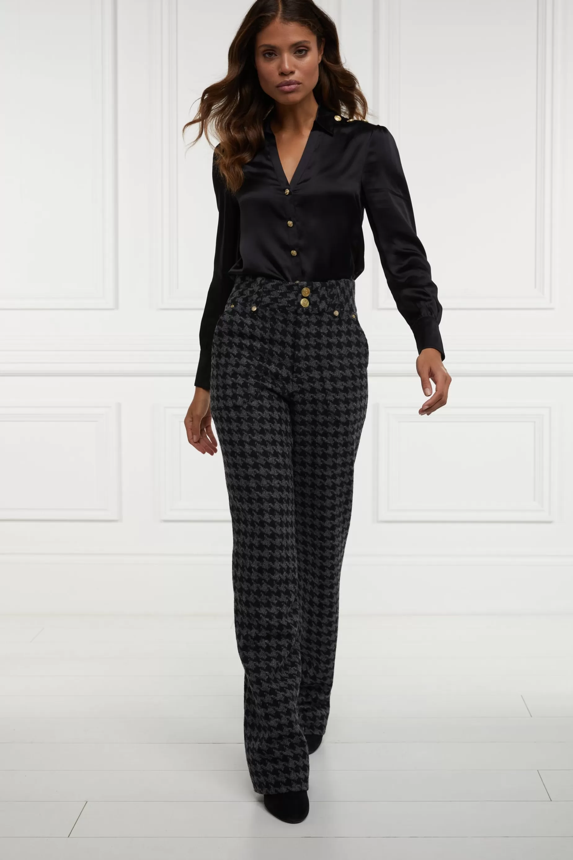 Holland Cooper Trousers | In Stock Tailoring>High Waisted Straight Trouser Large Scale Charcoal Houndstooth