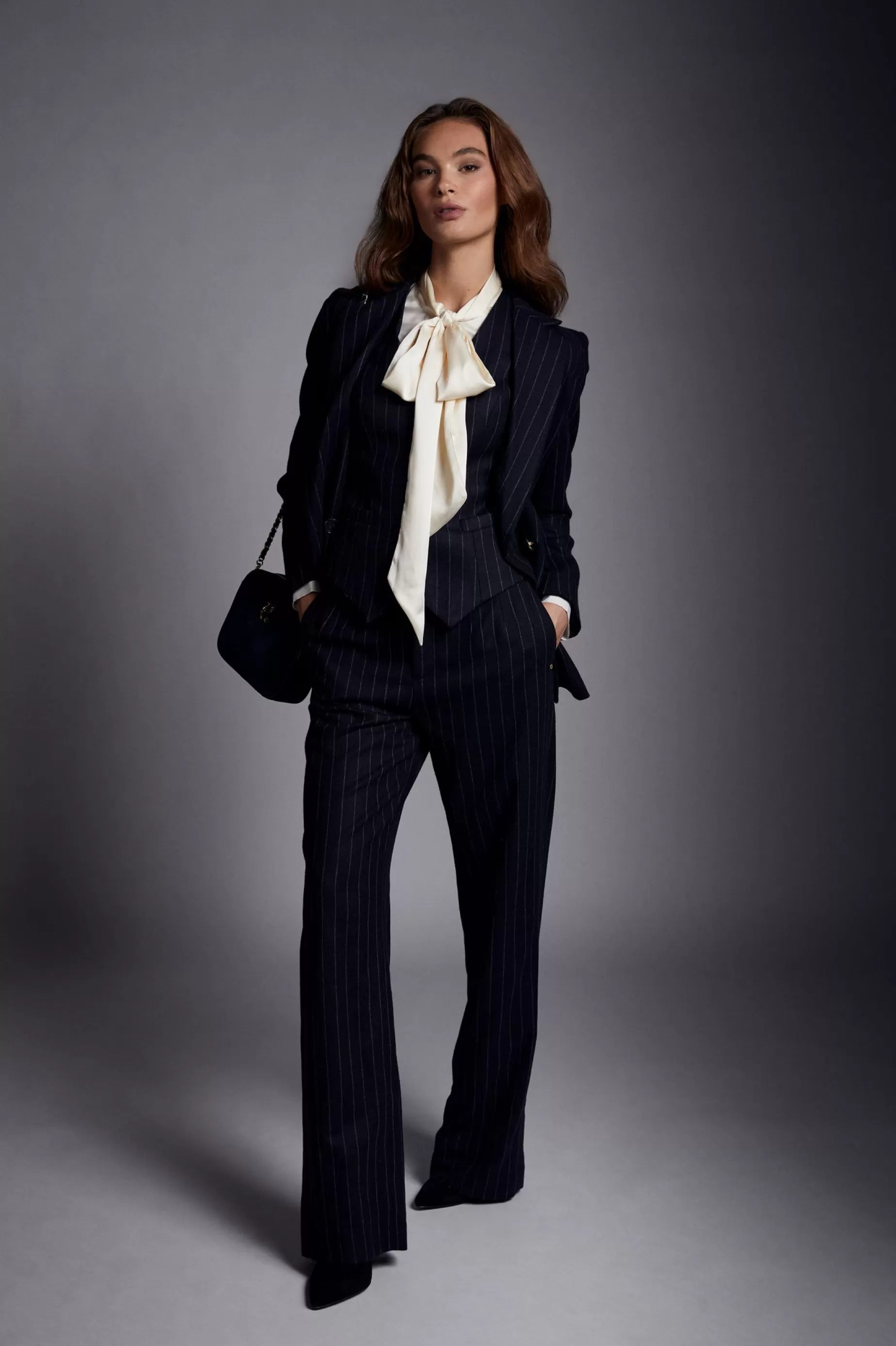 Holland Cooper Gifts For Her | Trousers>High Waisted Straight Trouser Navy Chalk Pin Stripe