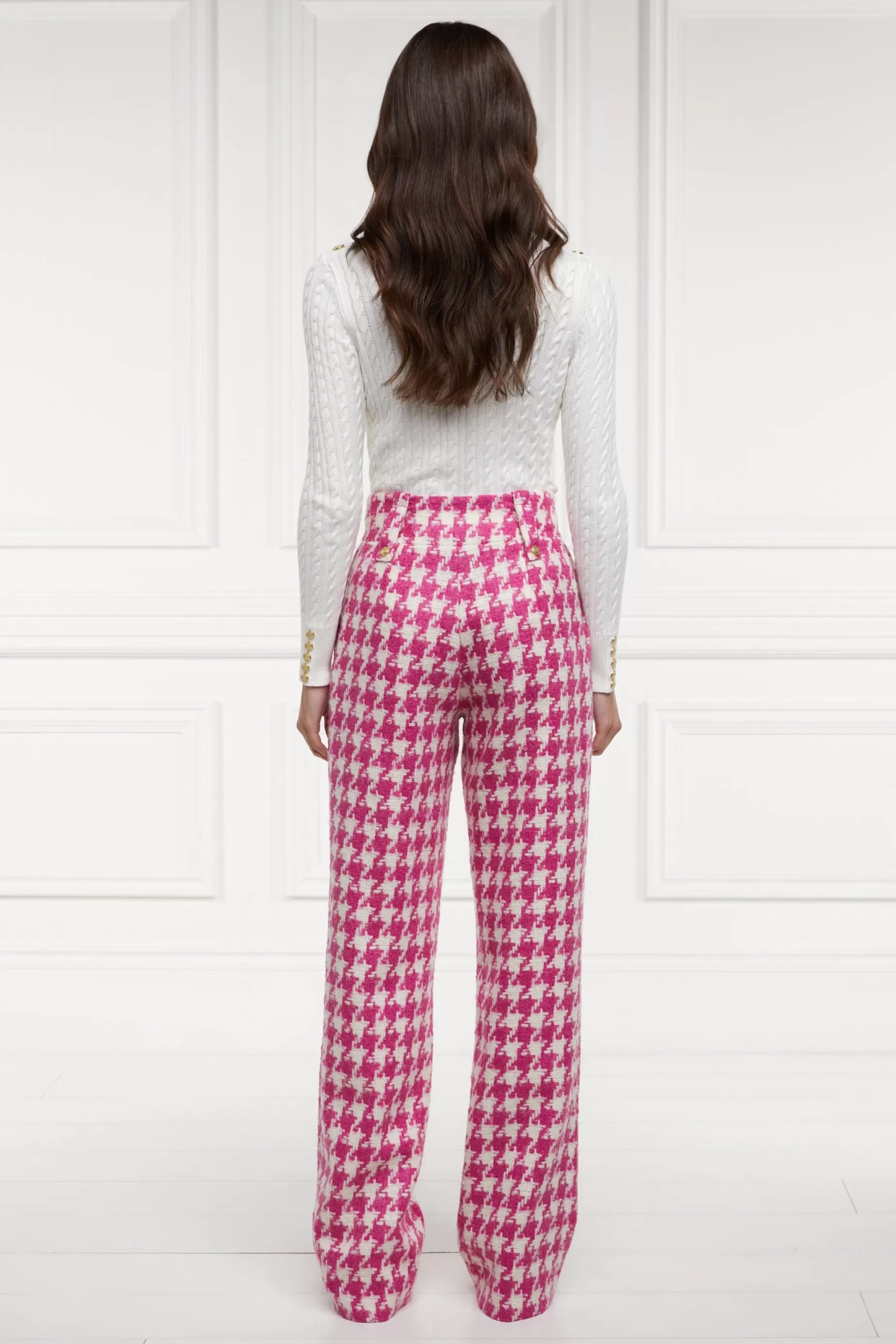 Holland Cooper Gifts For Her | Trousers>High Waisted Straight Trouser Hot Pink Large Scale Houndstooth