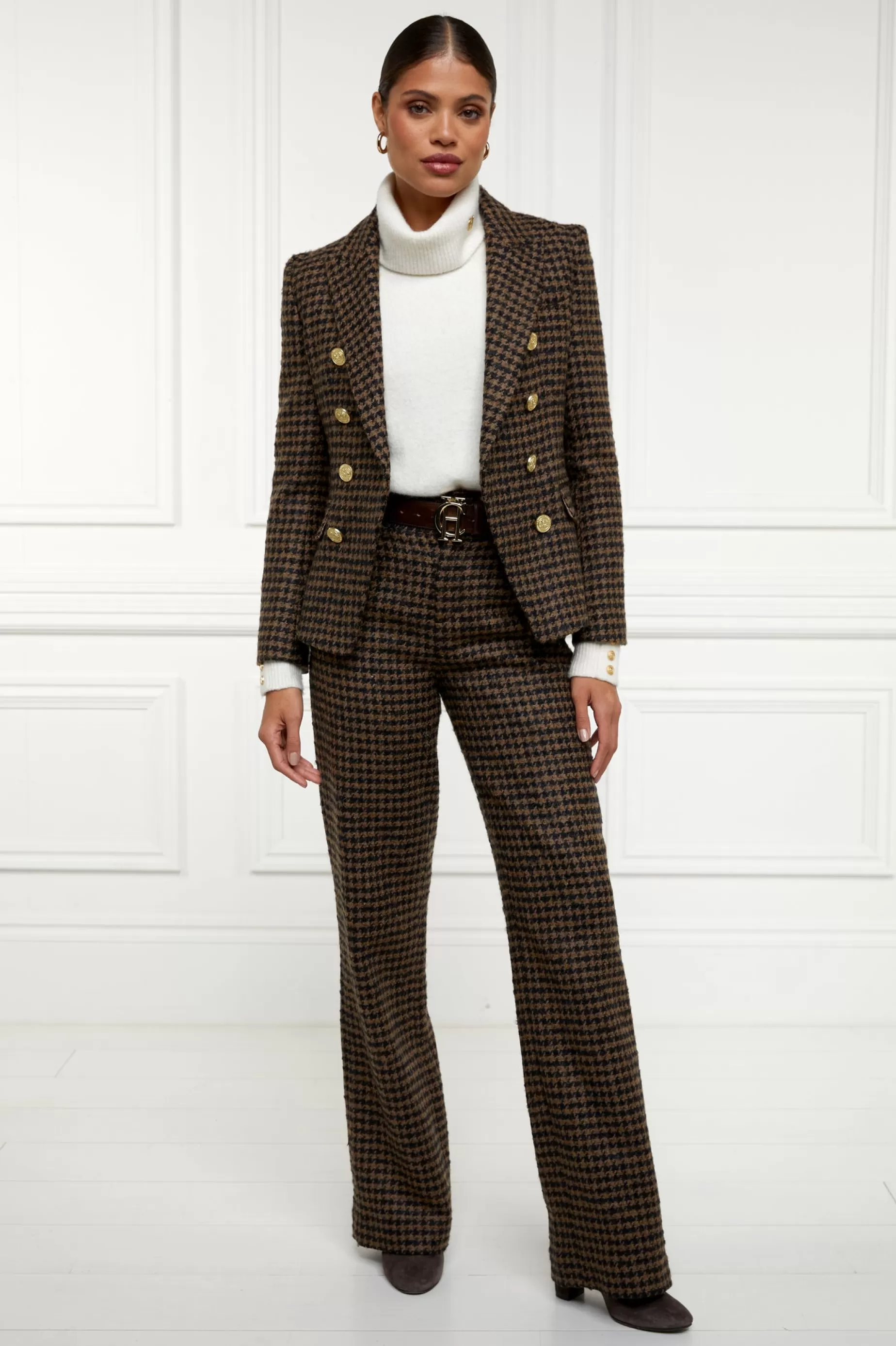 Holland Cooper Trousers | Shop By Product>High Waisted Straight Trouser Chocolate Houndstooth