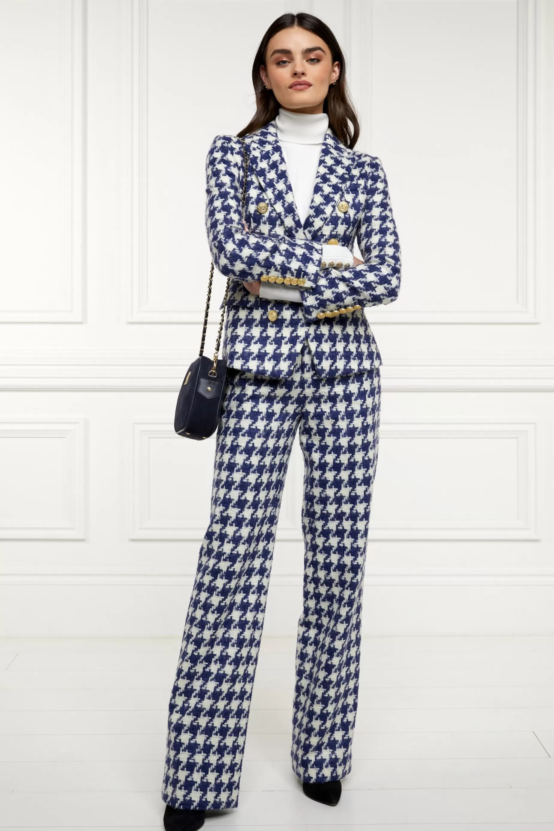 Holland Cooper Trousers | Seasonal Inspiration>High Waisted Straight Trouser Large Scale Navy Houndstooth