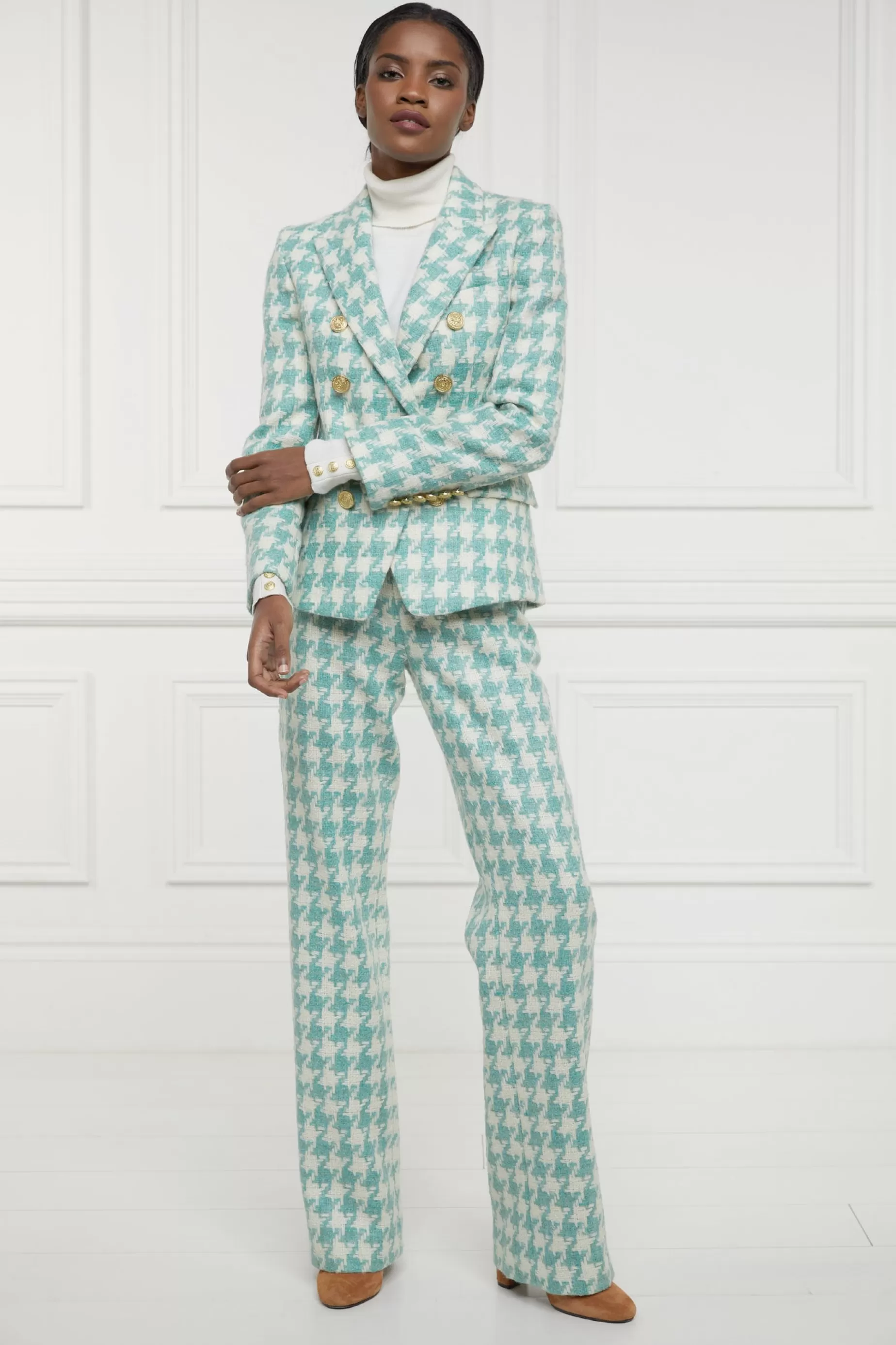 Holland Cooper Trousers | Workwear Wardrobe>High Waisted Straight Trouser Large Scale Teal Houndstooth