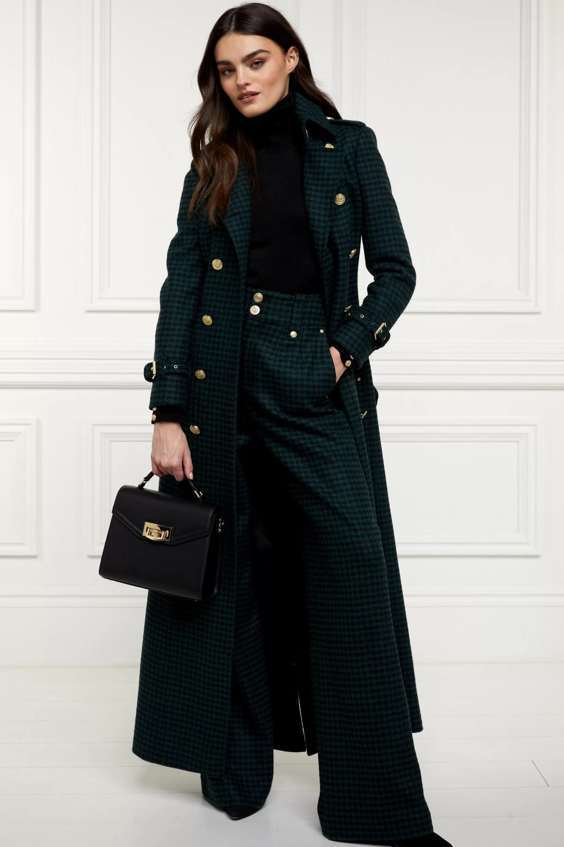 Holland Cooper Trousers>High Waisted Straight Trouser Emerald Houndstooth