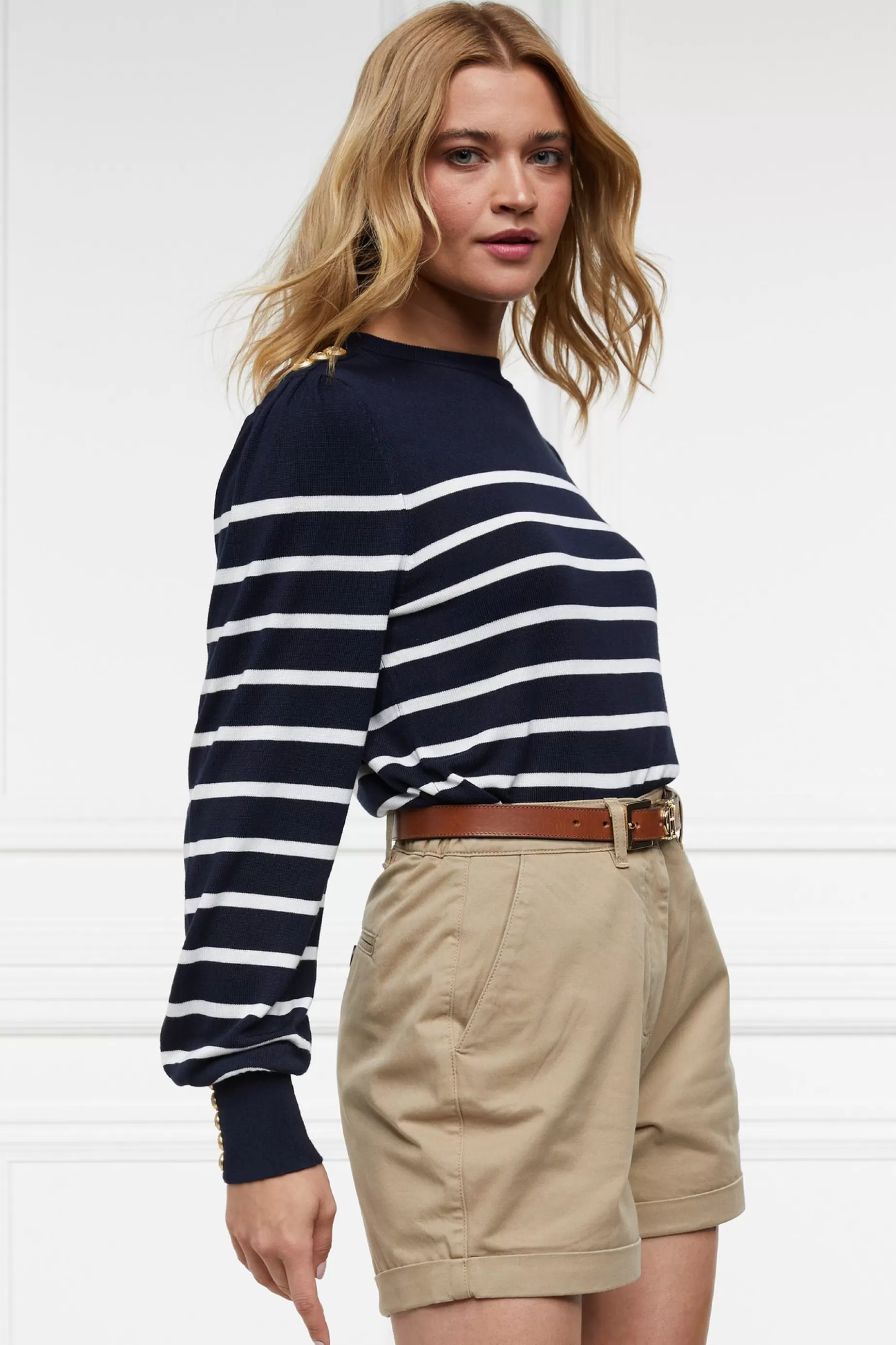 Holland Cooper Knitwear>Kelsie Crew Neck Knit Ink Navy Stripe