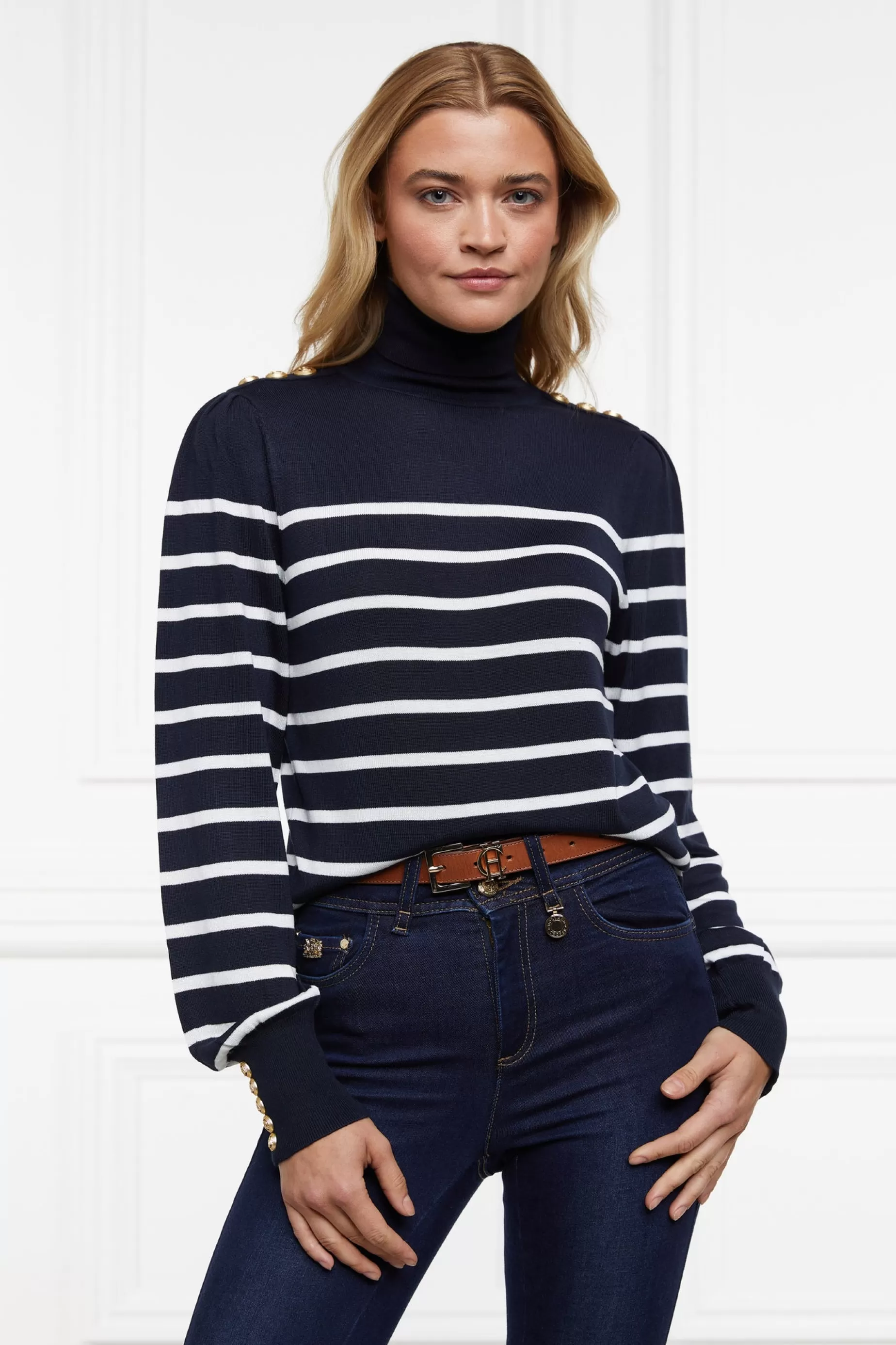 Holland Cooper Knitwear | Wardrobe Staples>Kelsie Roll Neck Knit Ink Navy Natural Stripe