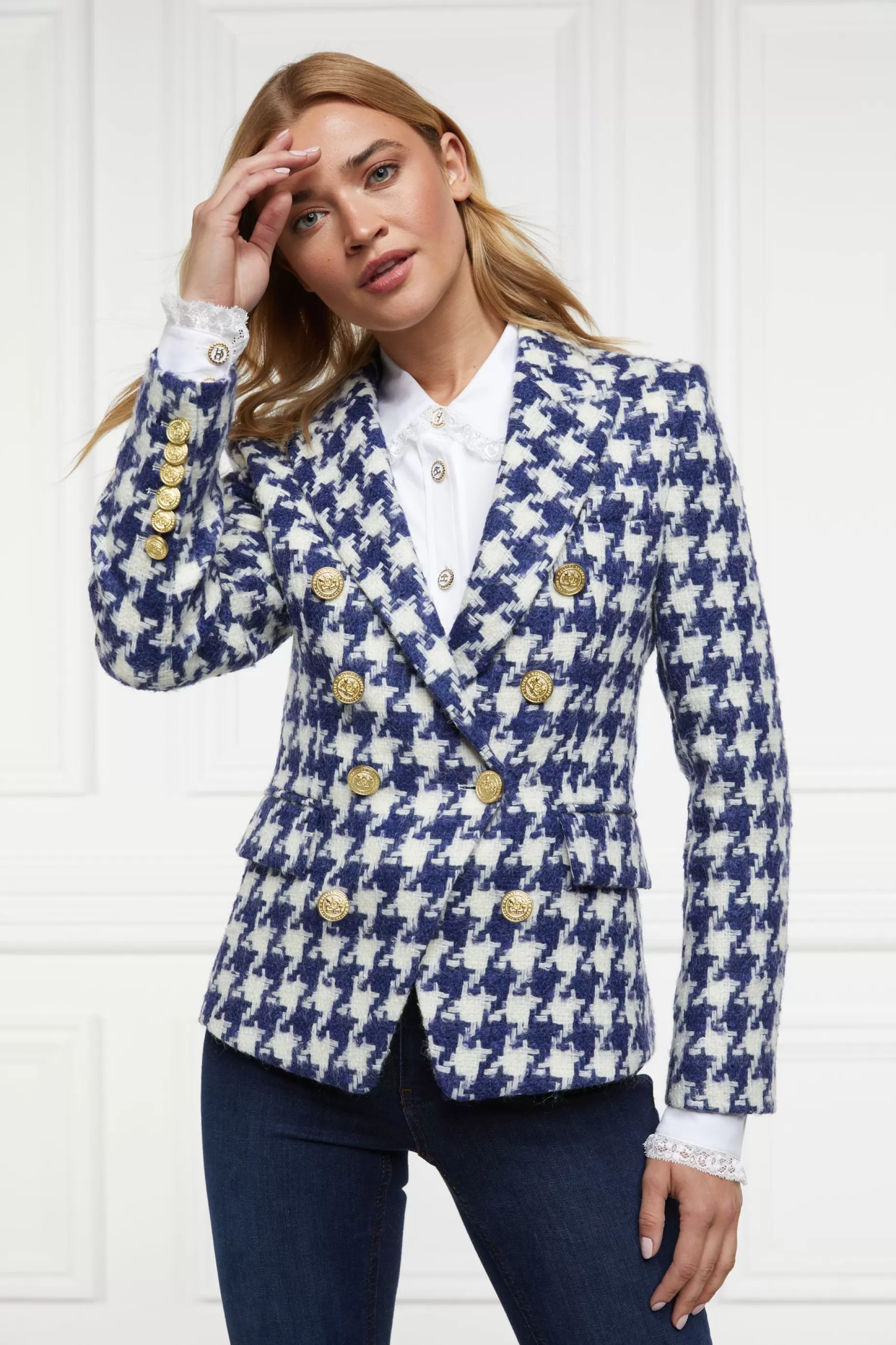 Holland Cooper Blazers | Jackets>Knightsbridge Blazer Large Scale Navy Houndstooth