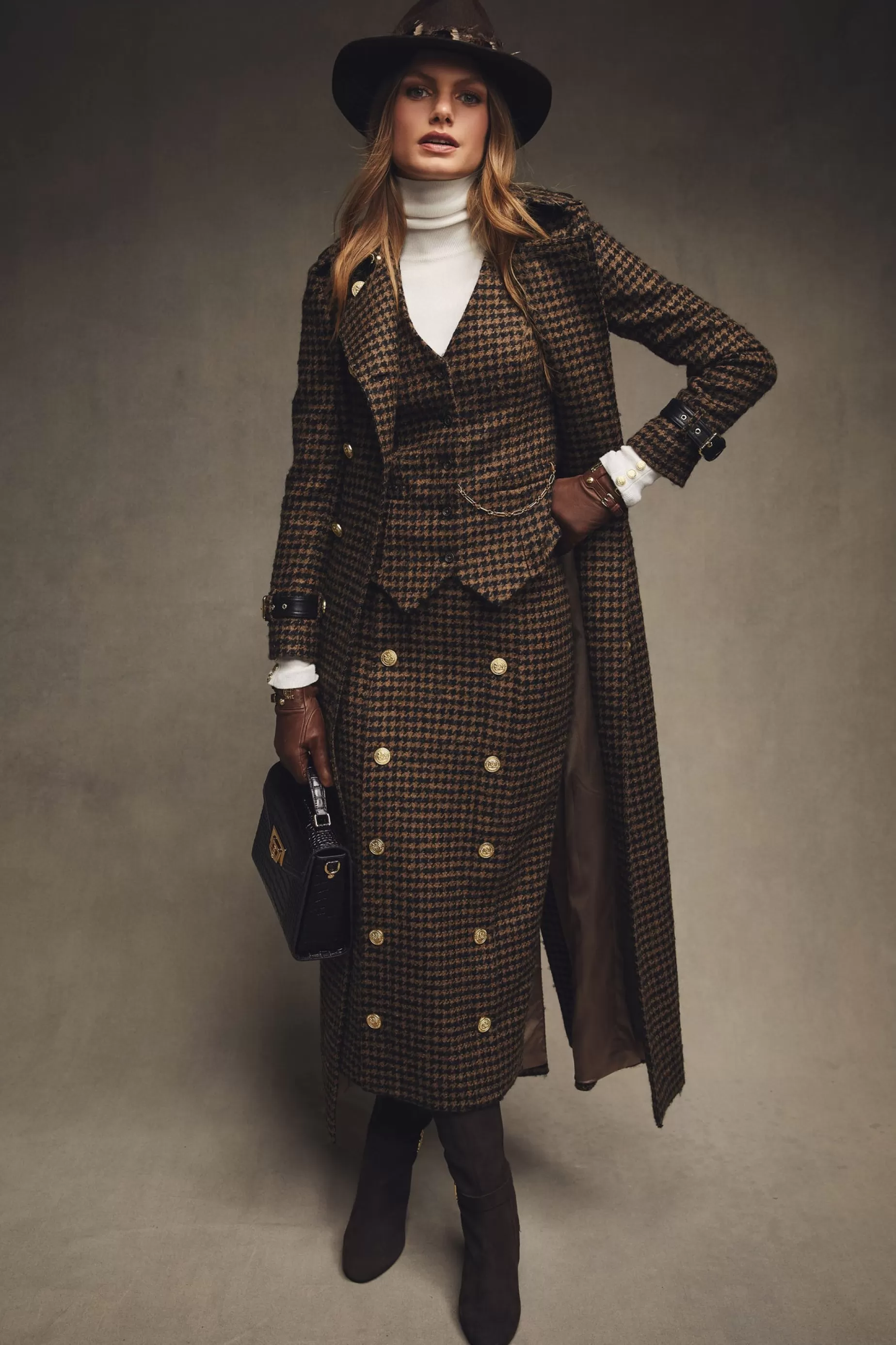 Holland Cooper Shop By Product | Skirts>Knightsbridge Maxi Skirt Chocolate Houndstooth