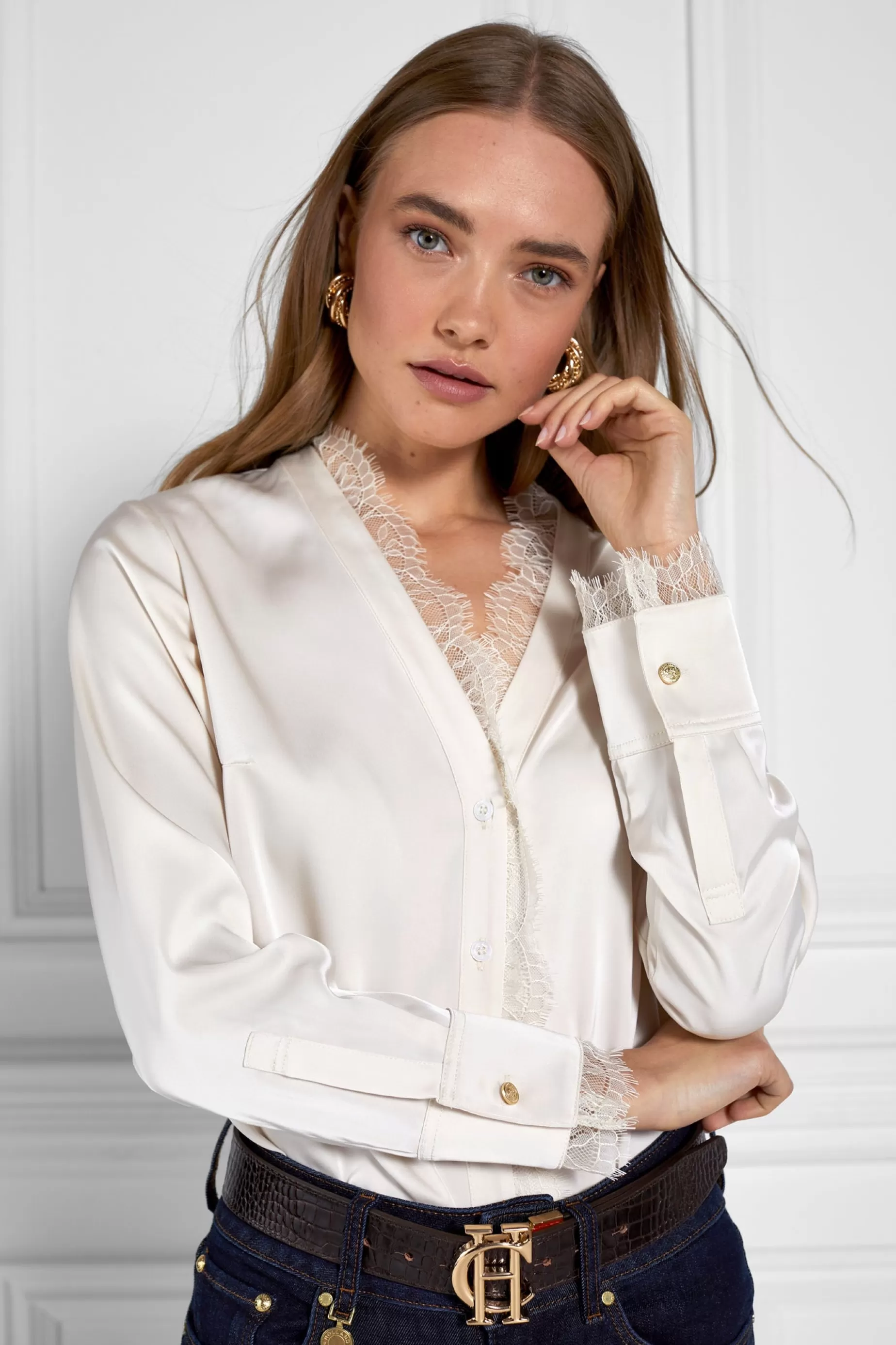 Holland Cooper Shirts & Blouses | Back In Stock>Lace V-Neck Blouse Oyster