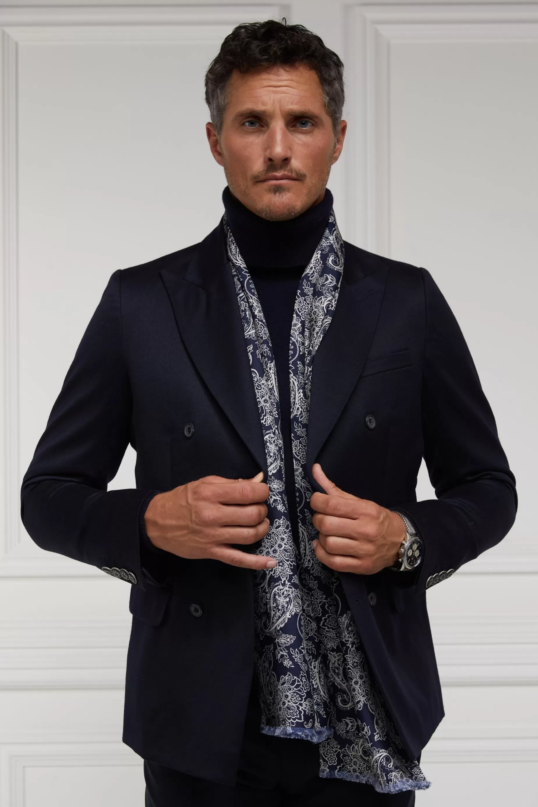 Holland Cooper Gifts For Him | Accessories>Men's Silk Scarf Ink Navy Cream Paisley