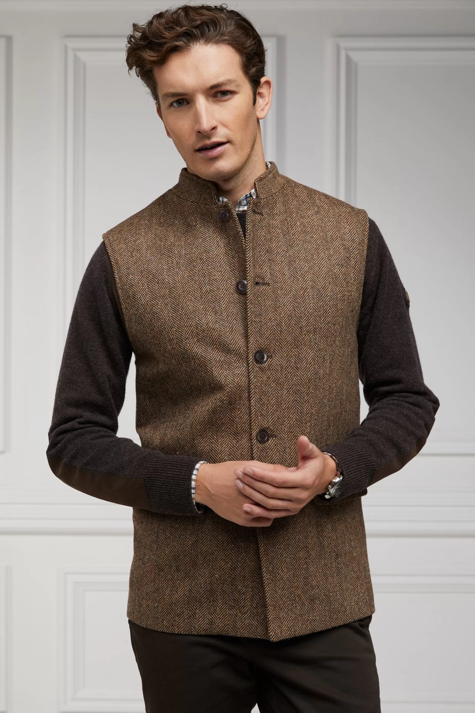 Holland Cooper Gifts For Him | Gilets>Nehru Gilet Large Scale Brown Herringbone