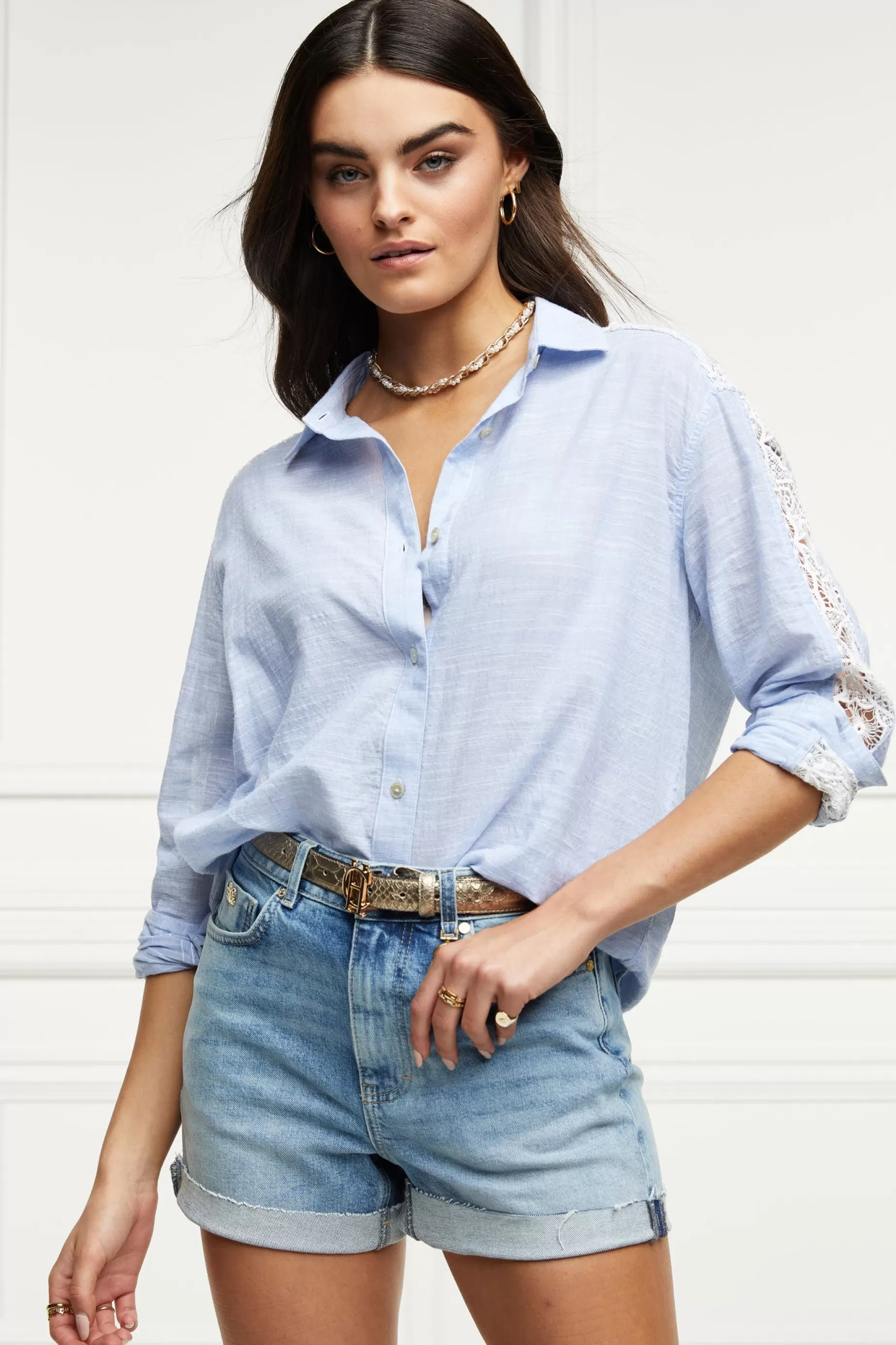 Holland Cooper Shirts & Blouses | Shop By Product>Oversized Cotton Lace Shirt Tick Stripe Sky Blue