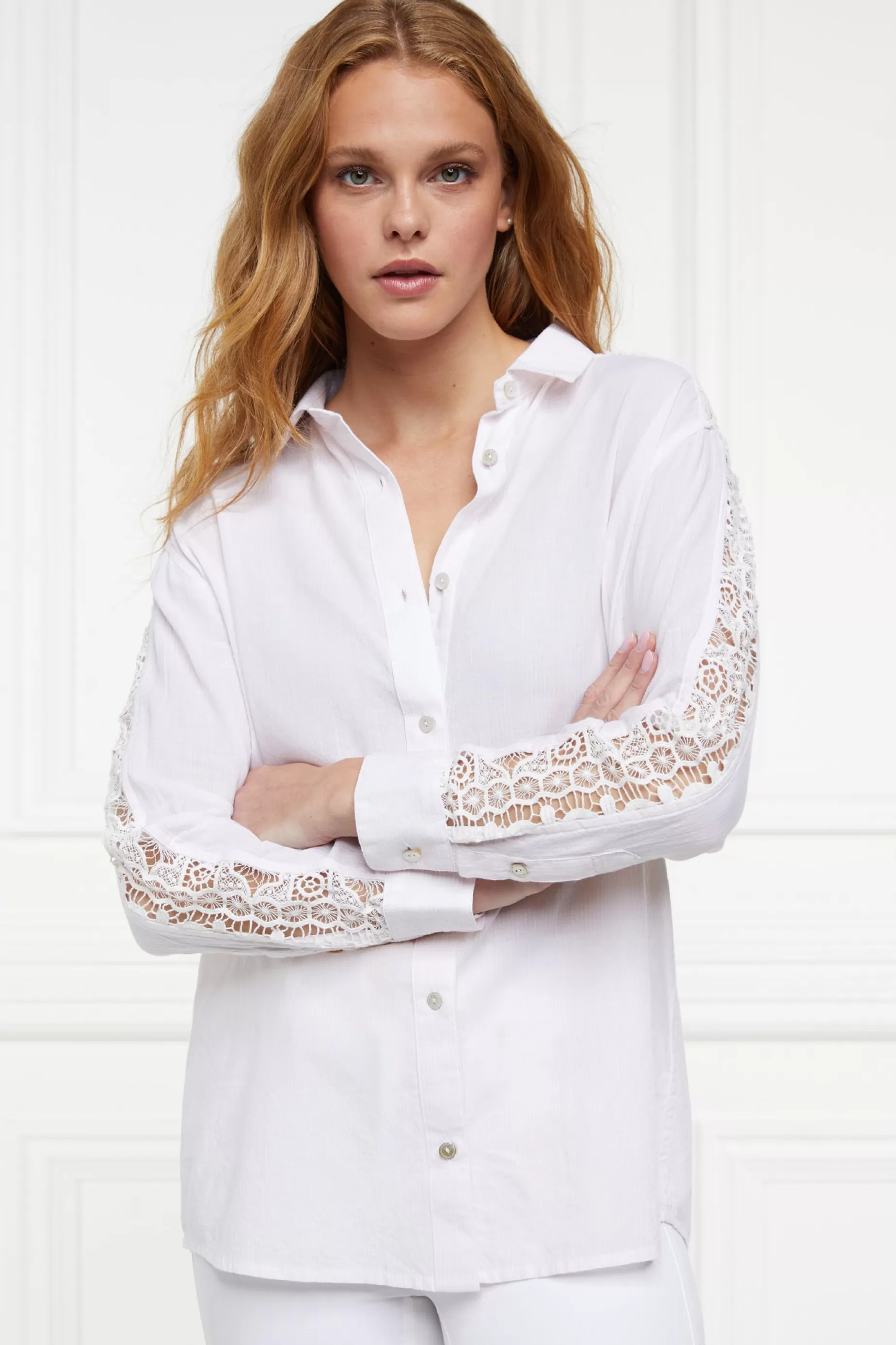 Holland Cooper Shirts & Blouses | Shop By Product>Oversized Cotton Lace Shirt Pink Stripe