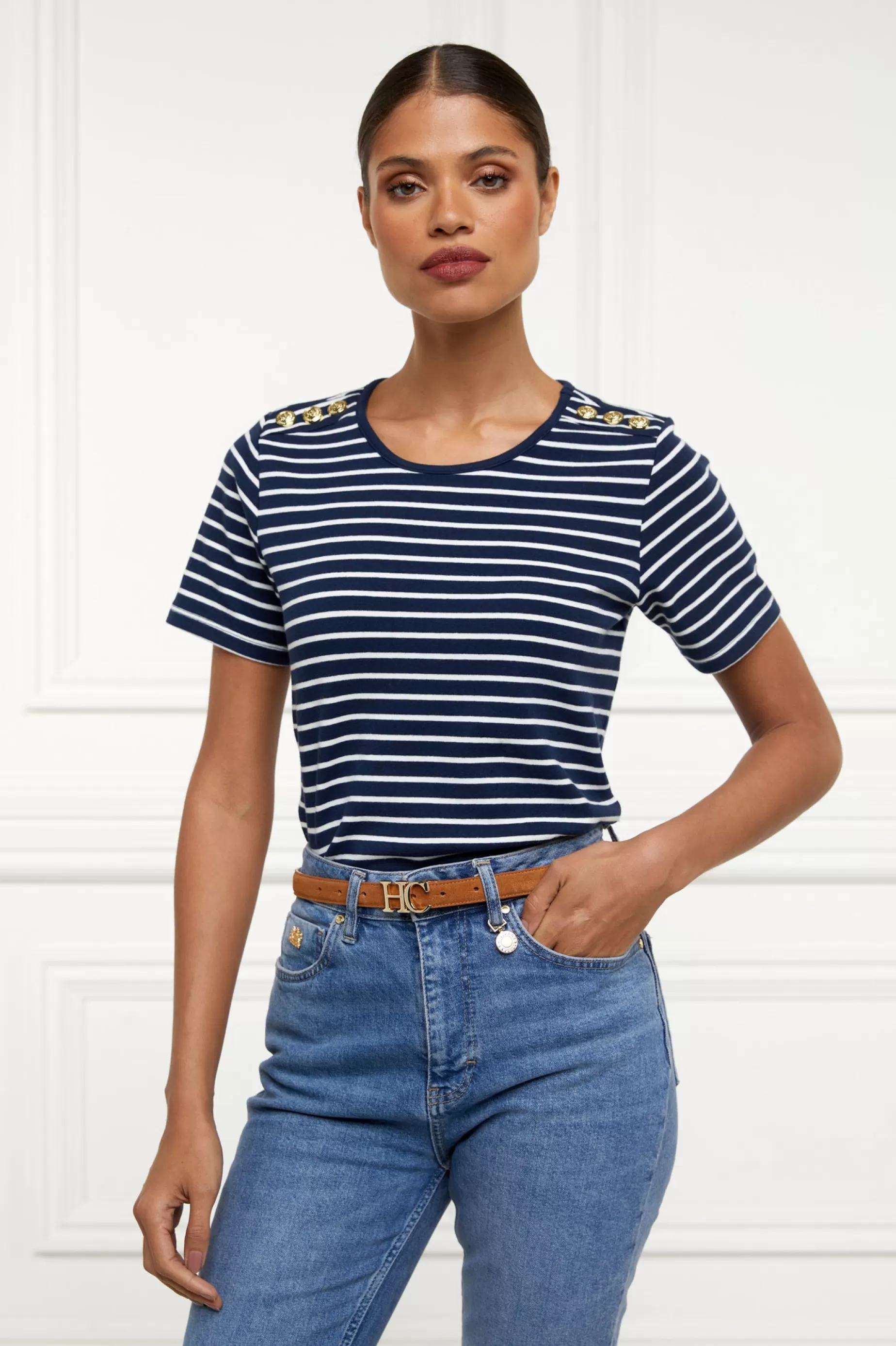 Holland Cooper Tees | Casualwear>Padstow Crew Neck Tee Ink Navy Natural Stripe