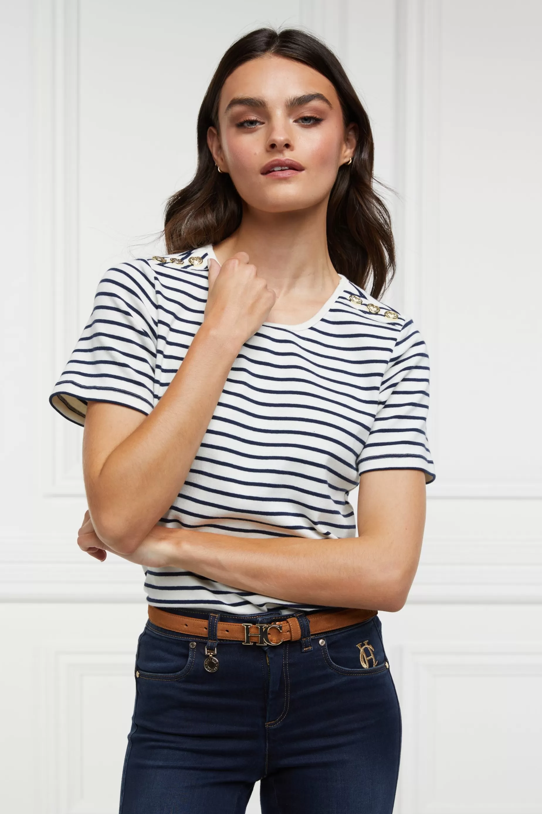 Holland Cooper Tees | Casualwear>Padstow Crew Neck Tee Natural Ink Navy Stripe