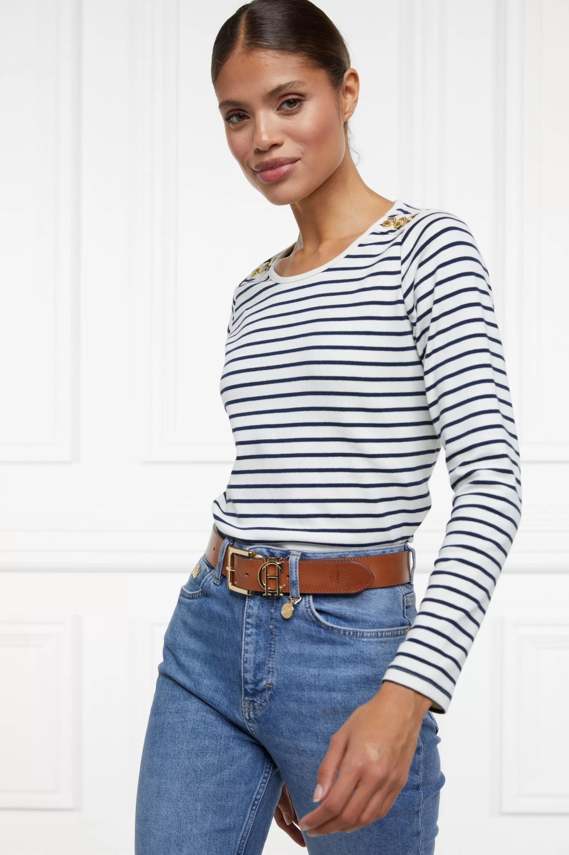 Holland Cooper Tees | Tops>Padstow Long Sleeve Crew Neck Tee Natural Ink Navy Stripe