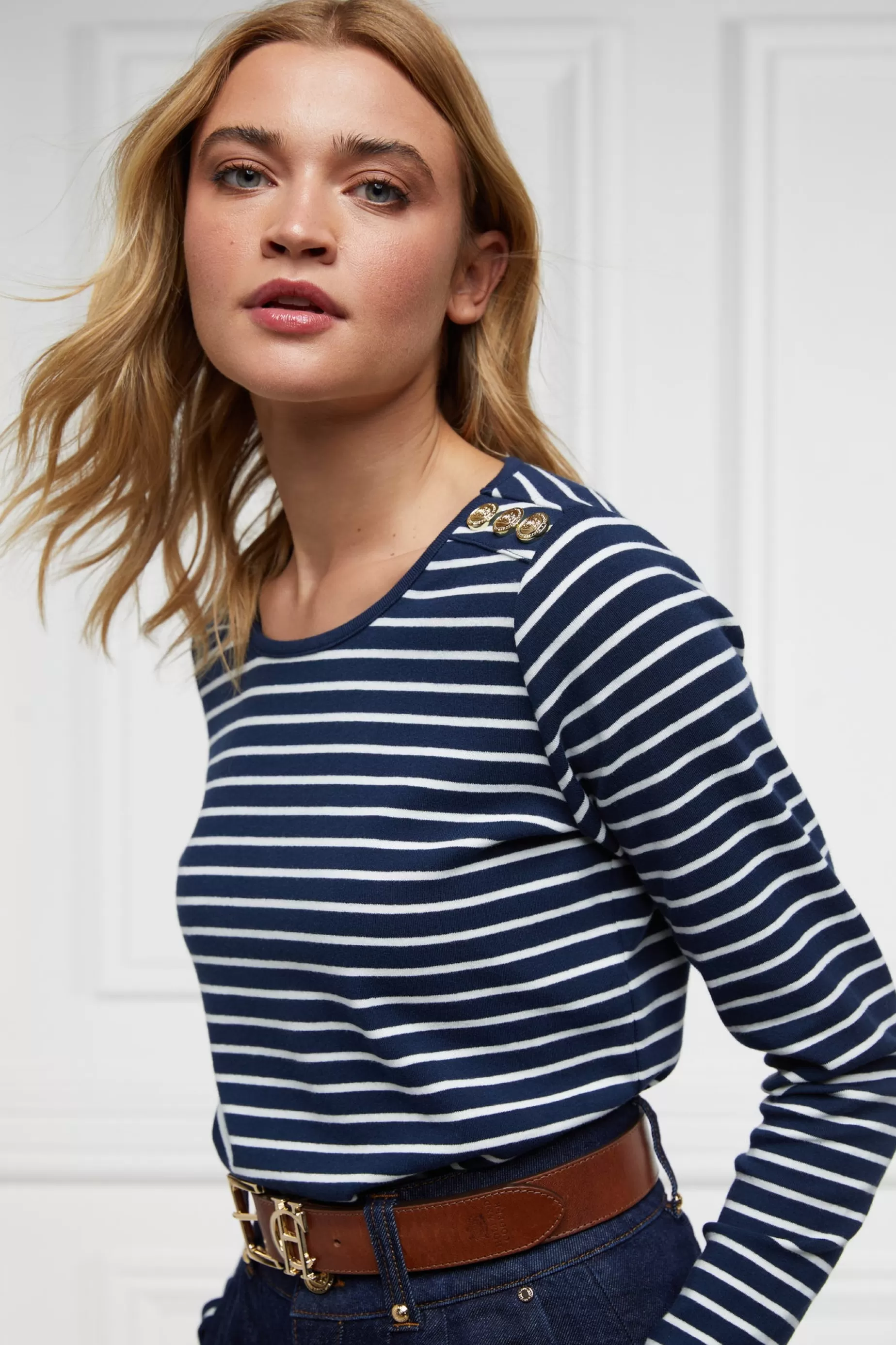 Holland Cooper Tees | Tops>Padstow Long Sleeve Crew Neck Tee Ink Navy Natural Stripe