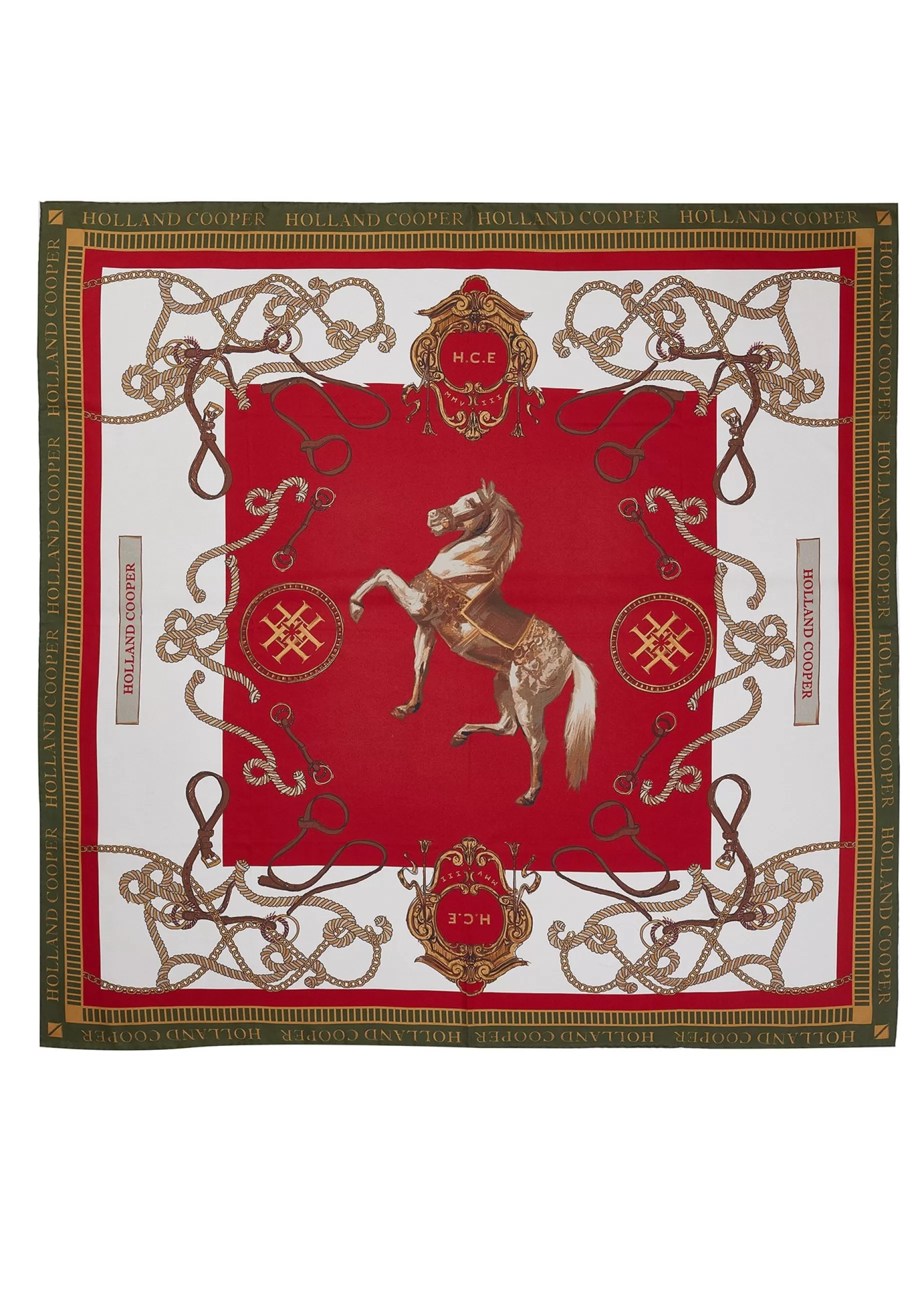 Holland Cooper Gifts For Her | Scarves>Regal Horse Silk Scarf Racing Green Heritage Red