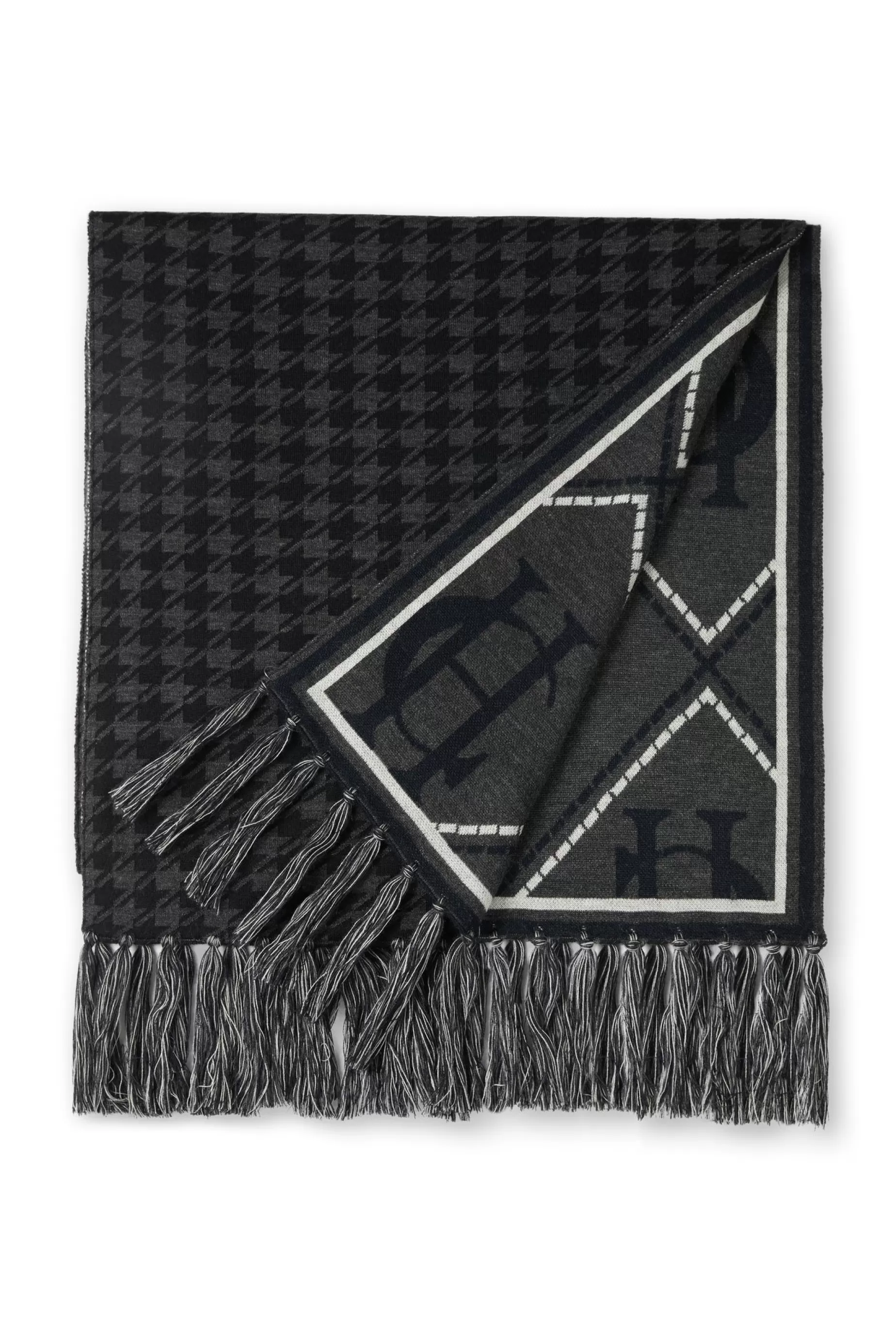 Holland Cooper Scarves | Scarves>Reversible Monogram Scarf Charcoal Houndstooth