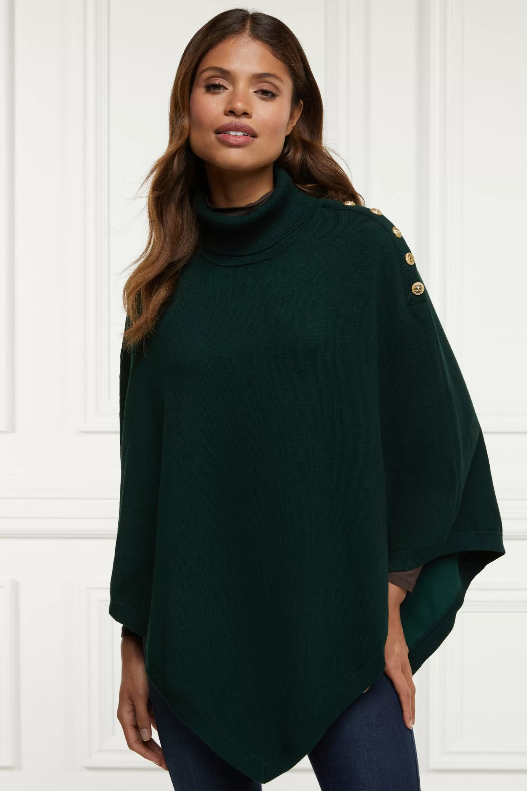 Holland Cooper Gifts For Her | Knitwear>Roll Neck Cape Deep Emerald