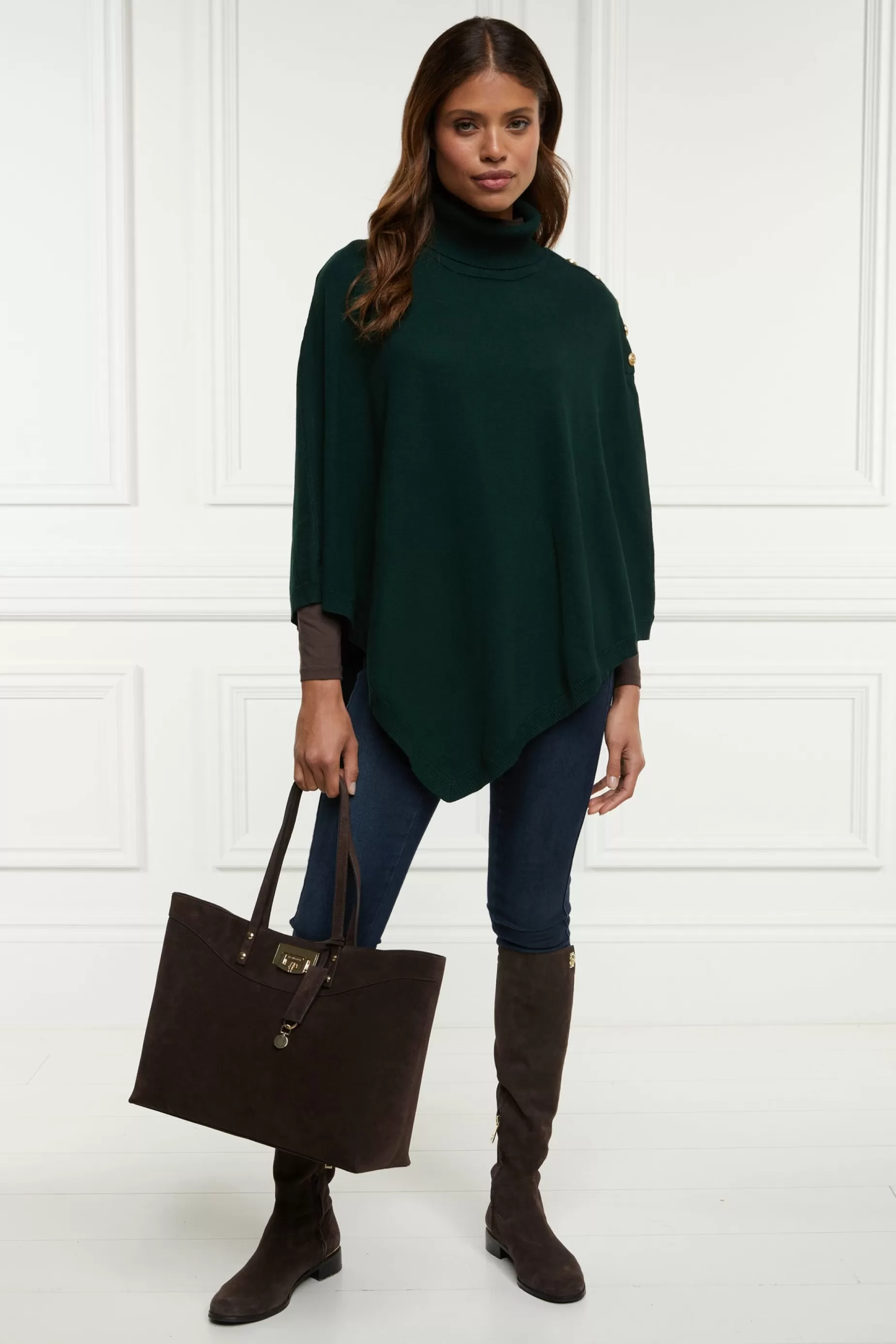 Holland Cooper Gifts For Her | Knitwear>Roll Neck Cape Deep Emerald