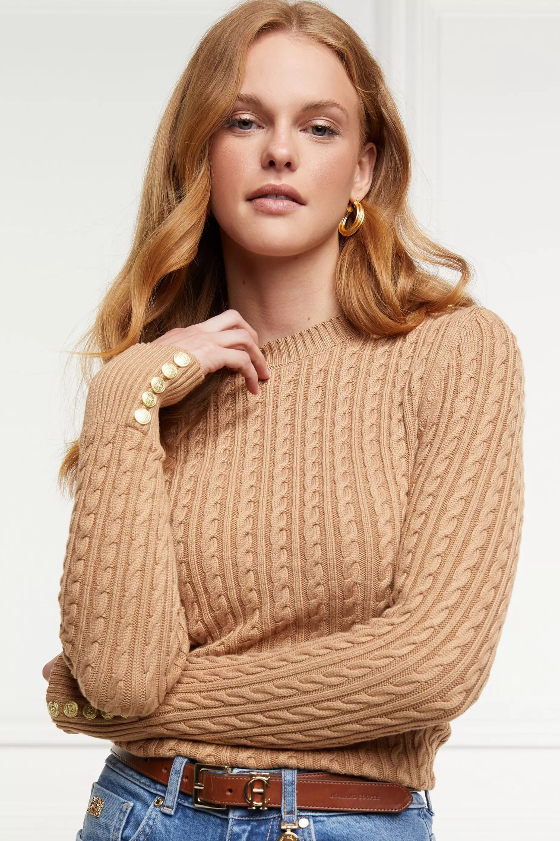 Holland Cooper Knitwear | Wardrobe Staples>Seattle Cable Crew Knit Dark Camel