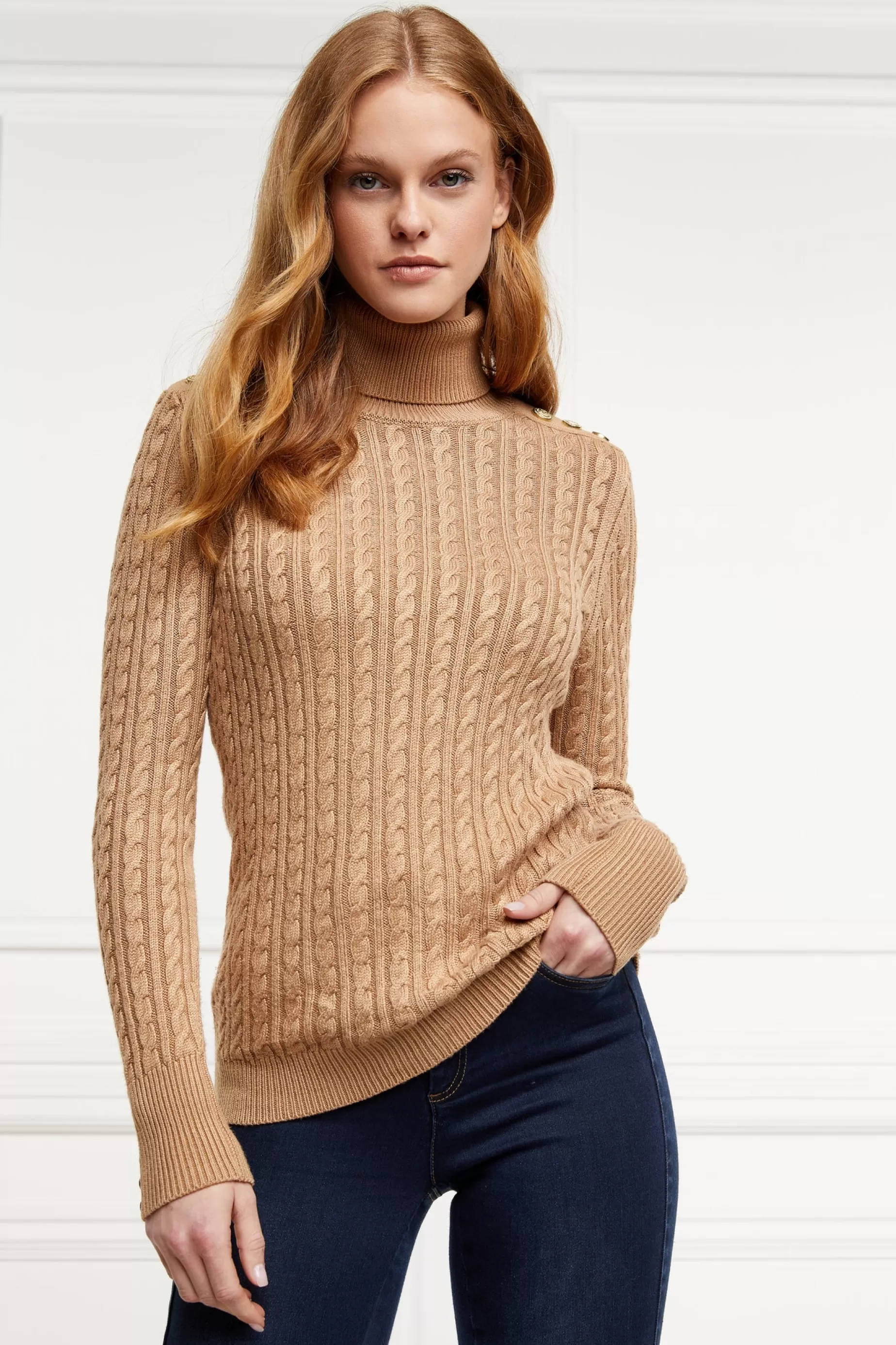 Holland Cooper Knitwear | Bump Friendly Collection>Seattle Roll Neck Cable Knit Dark Camel Marl