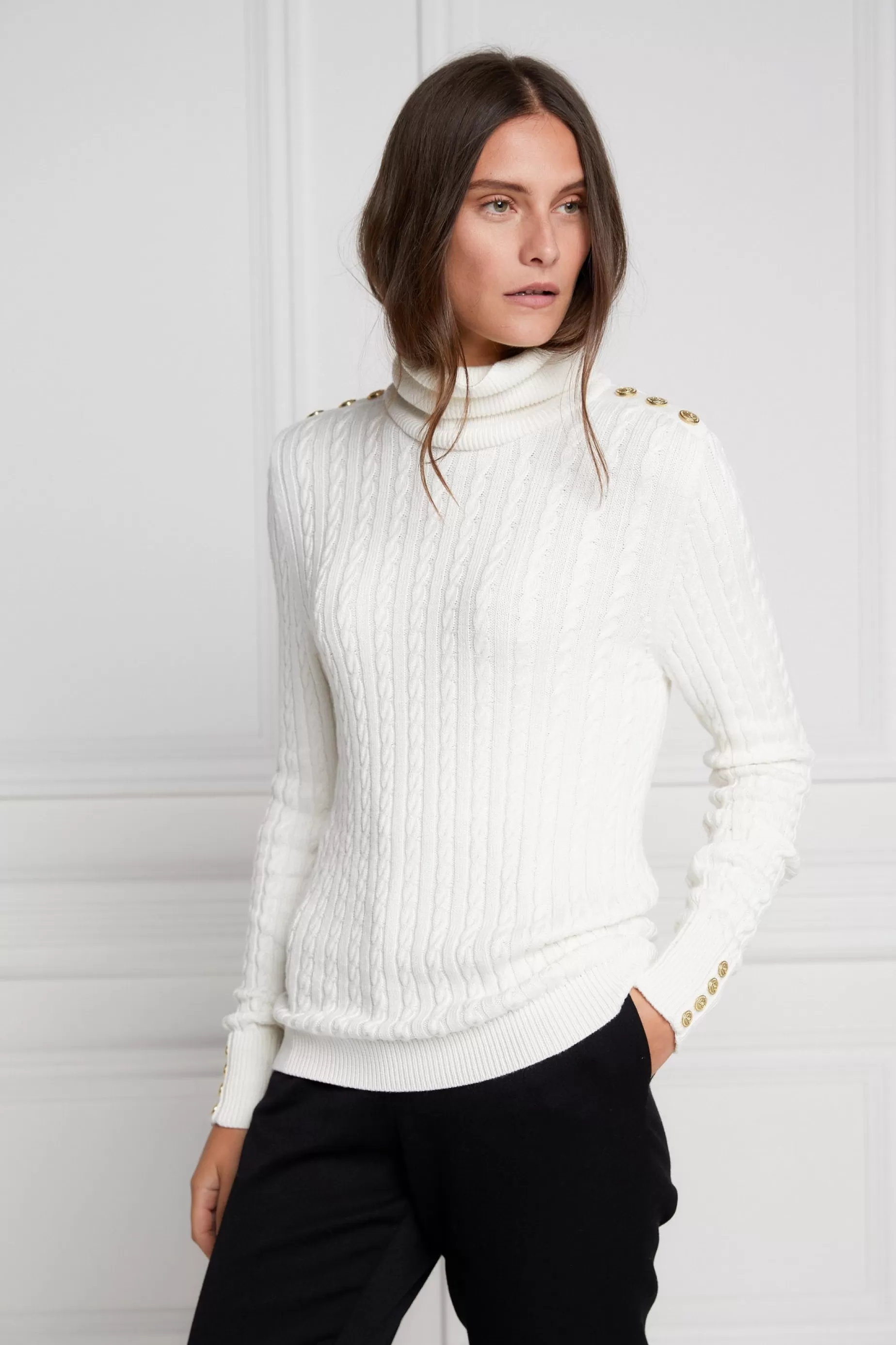 Holland Cooper Knitwear | Wardrobe Staples>Seattle Roll Neck Cable Knit Winter White