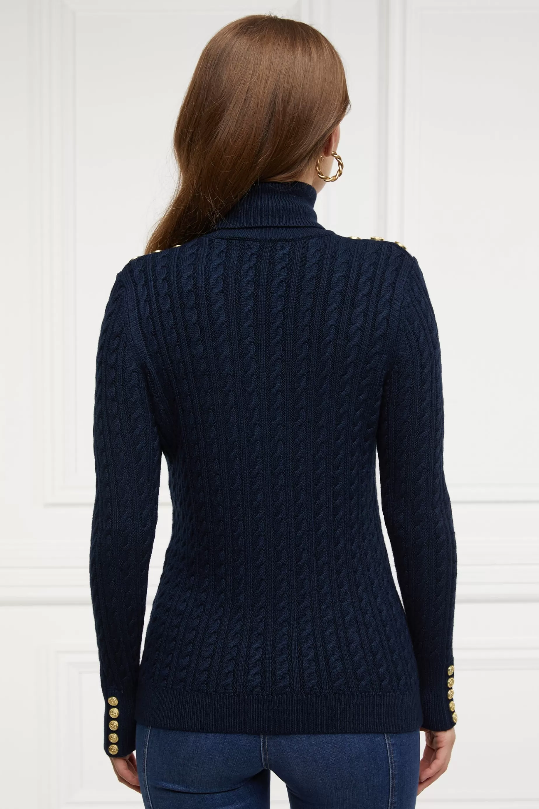 Holland Cooper Knitwear>Seattle Roll Neck Cable Knit Ink Navy