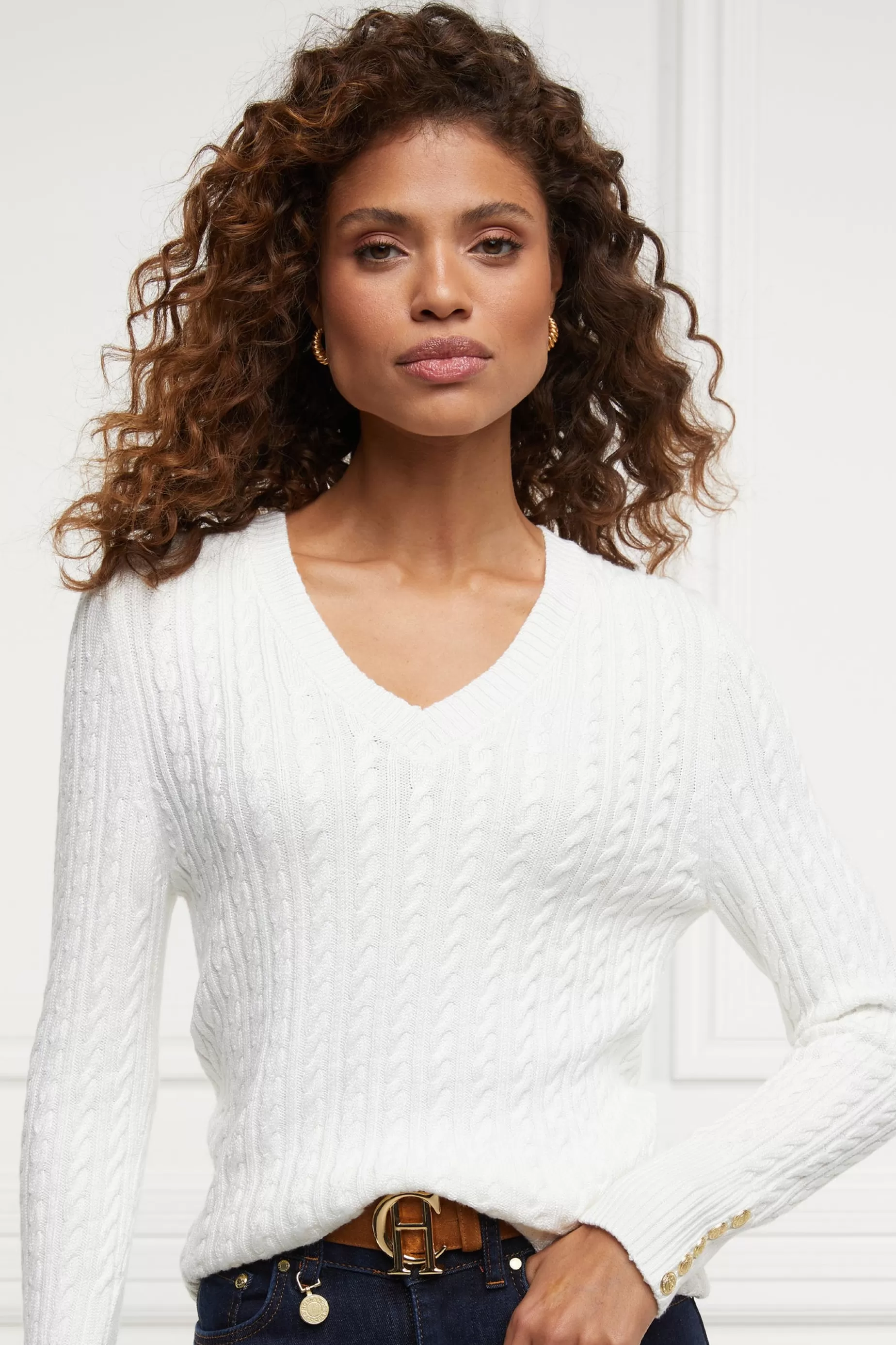 Holland Cooper Knitwear>Seattle V-Neck Knit Winter White