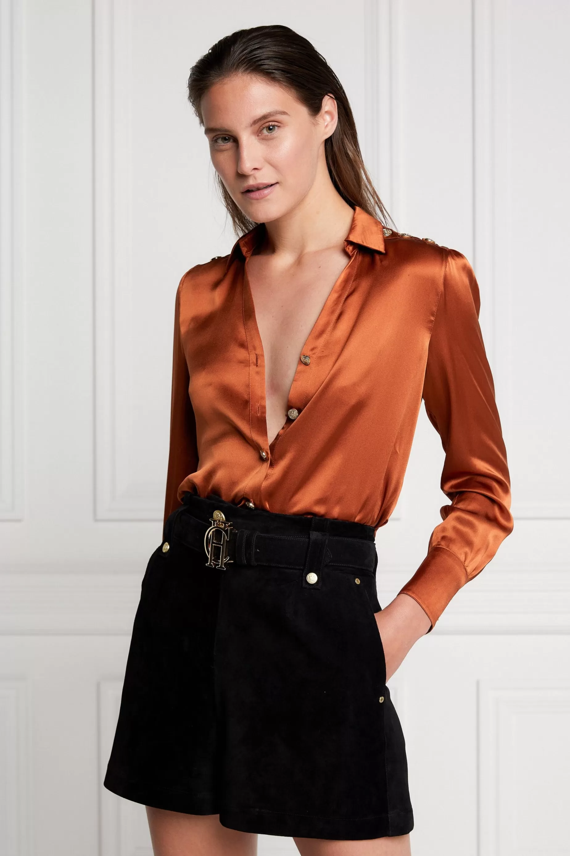 Holland Cooper Shirts & Blouses | Back In Stock>Silk V-Neck Blouse Caramel