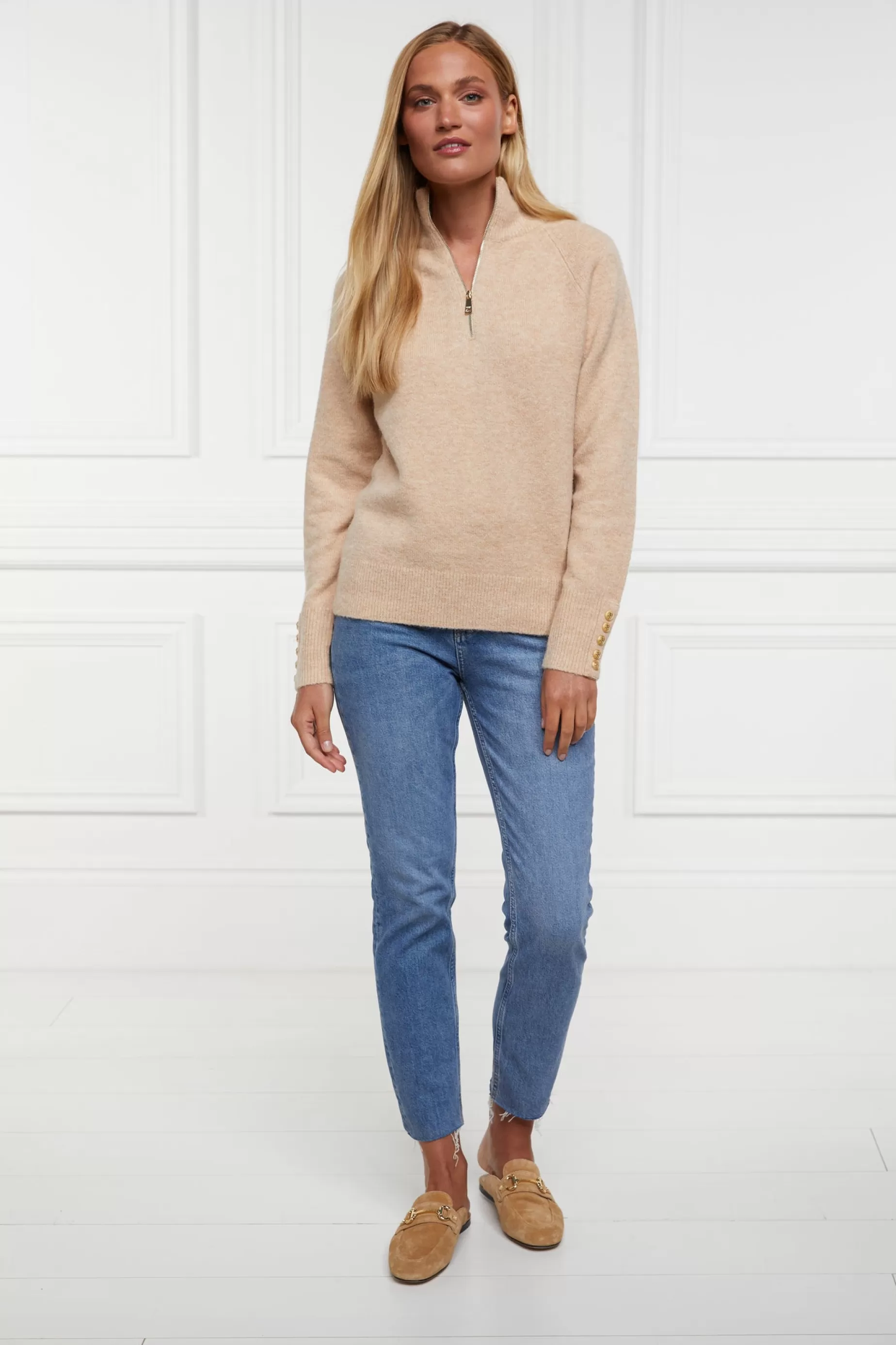 Holland Cooper Gifts For Her | Knitwear>Tori Half Zip Knit Camel